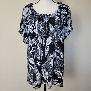 C J Banks Top 1X Pullover Short Raglan Sleeve Ruffle Elastic Black White Floral